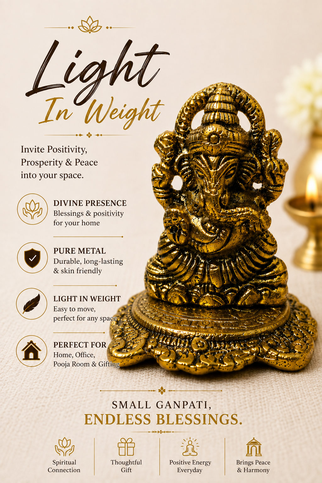Small Metal Ganpati Idol for Home, Office & Pooja